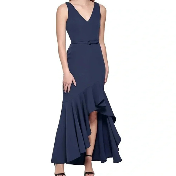 Eliza J • Sleeveless V-Neck Belted High Low Asymmetrical Gown - Picture 2 of 16